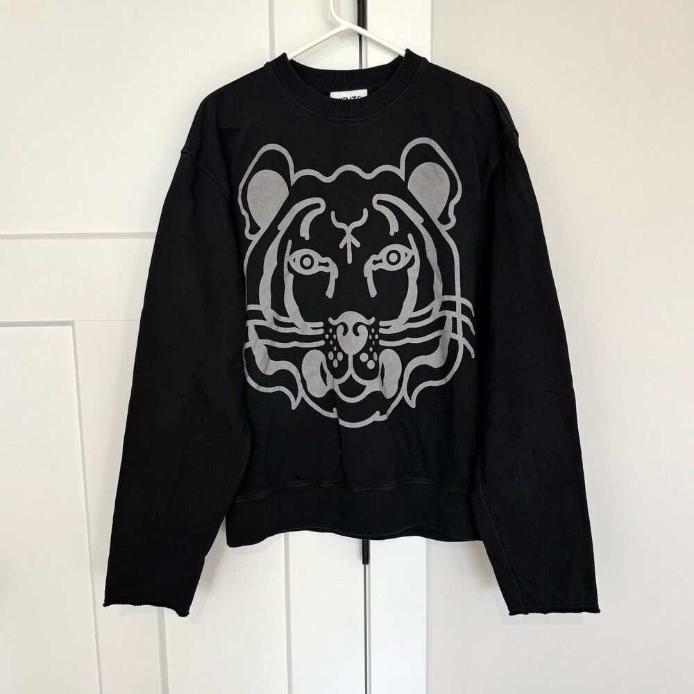KENZO Black Grey Tiger Logo Pullover Crewneck Long Sleeve Sweatshirt M Cotton